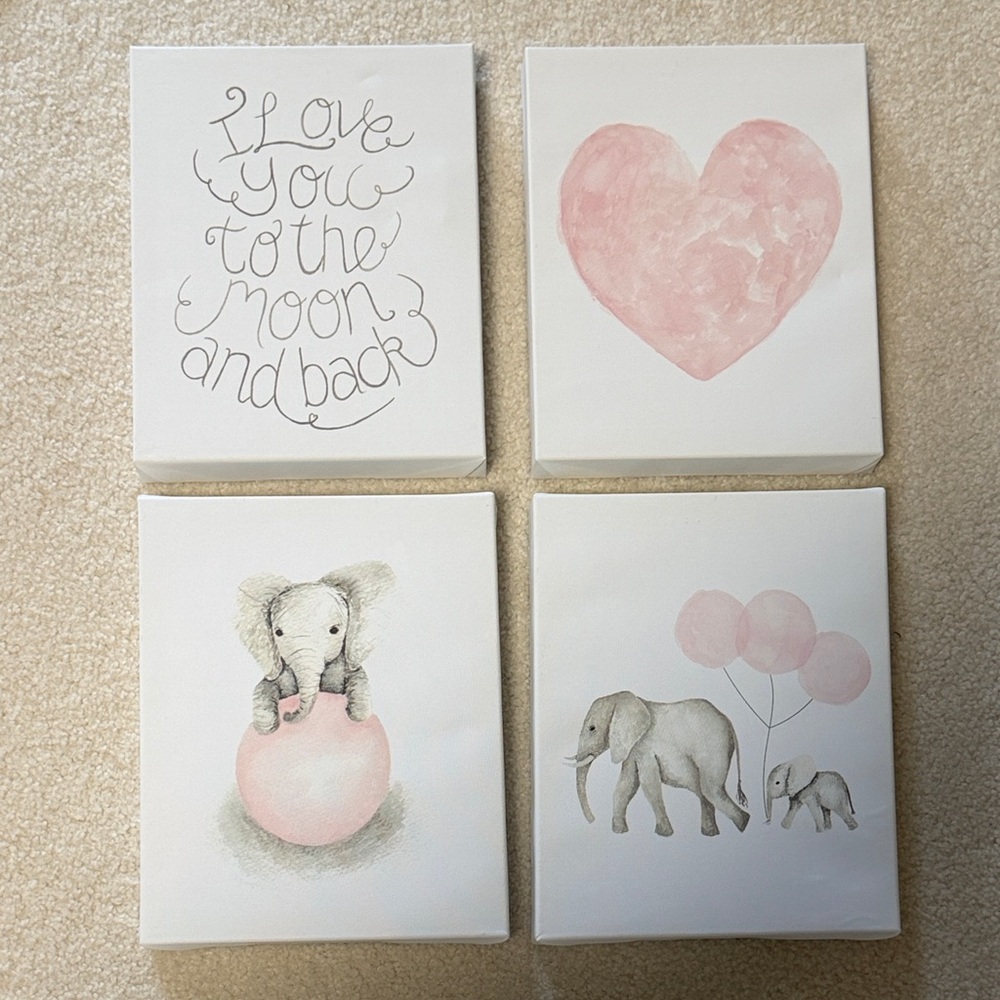 Local European Pink and Gray Elephant Canvas Art Set